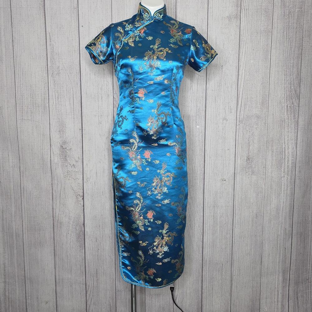 Blue Dragon Qipao Cheongsam Dress Mandarin Collar Asian, sz Small